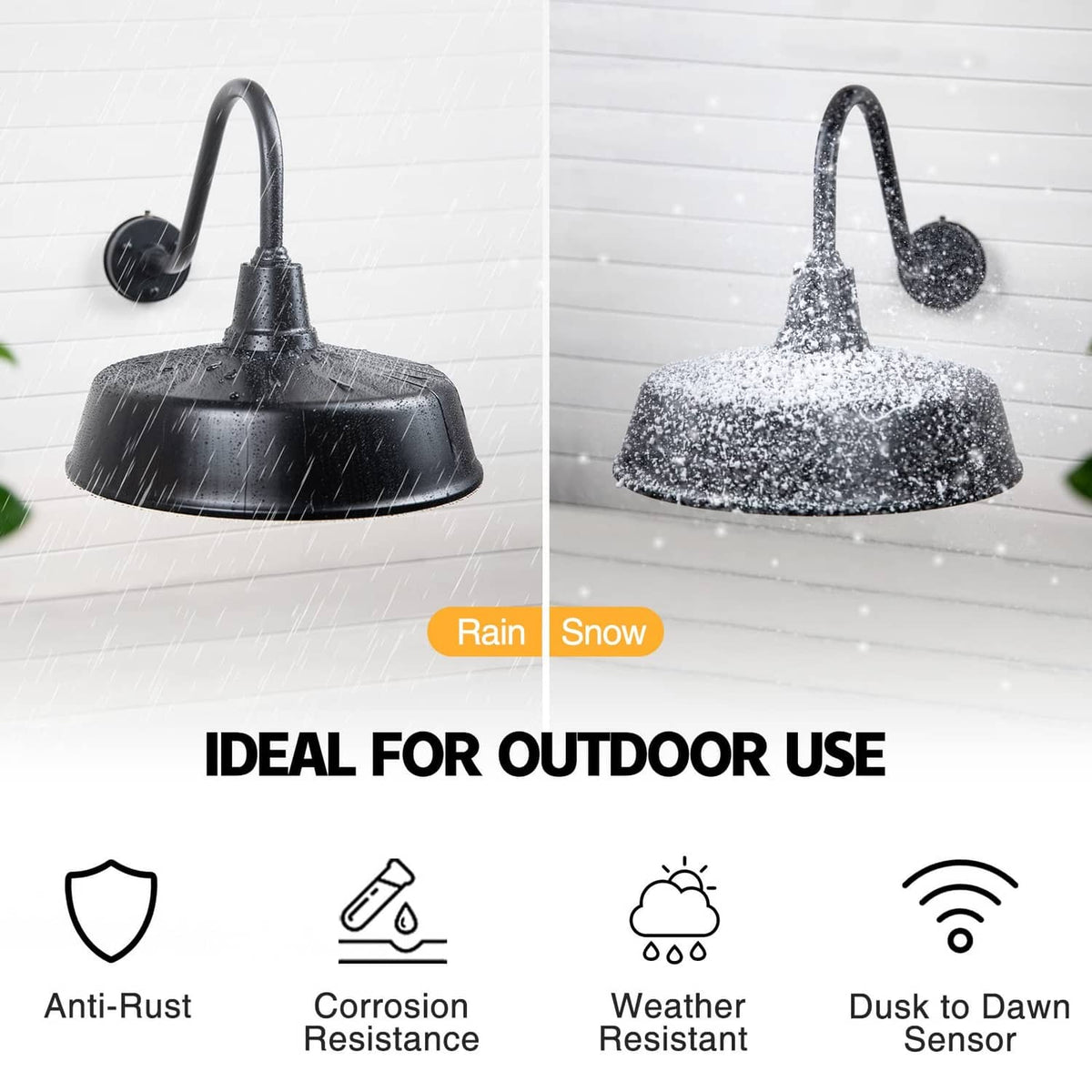 Black outdoor barn light with gooseneck arm and domed shade shown in rain and snow