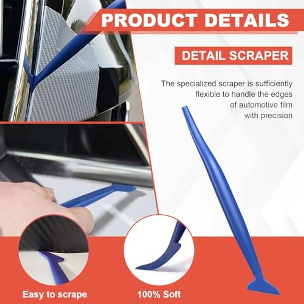 Blue detail scraper tool with flexible edge for smoothing window film
