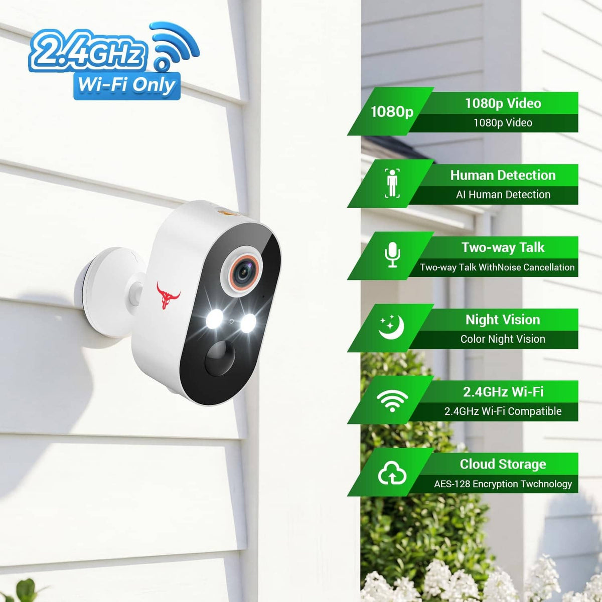 Outdoor wireless security camera with wall mount, black front panel, and front LED lights