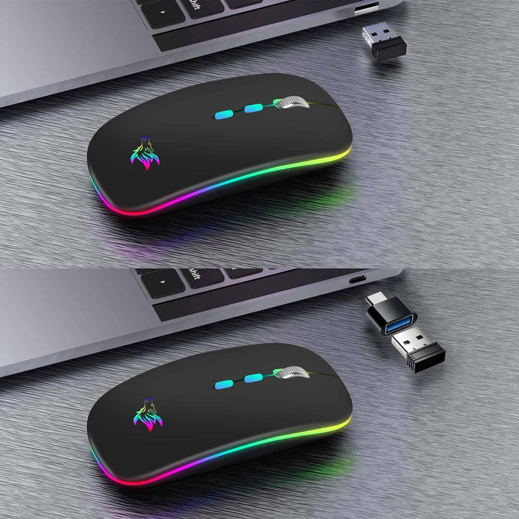 Black rechargeable wireless mouse with RGB glow edges and dragon logo