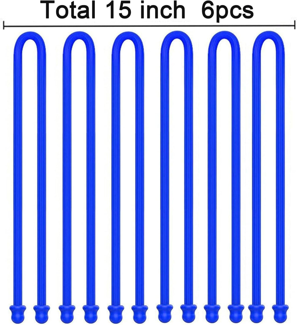 Six blue silicone cable ties, loop style with ball fasteners at both ends