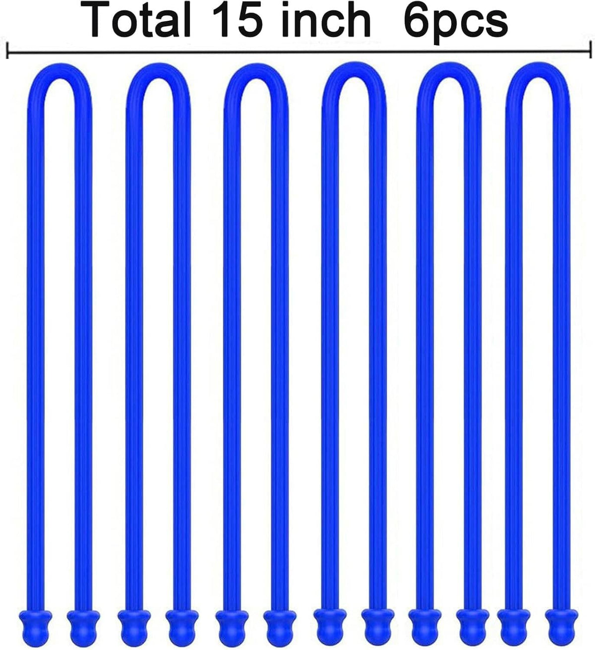 Six blue silicone cable ties, loop style with ball fasteners at both ends
