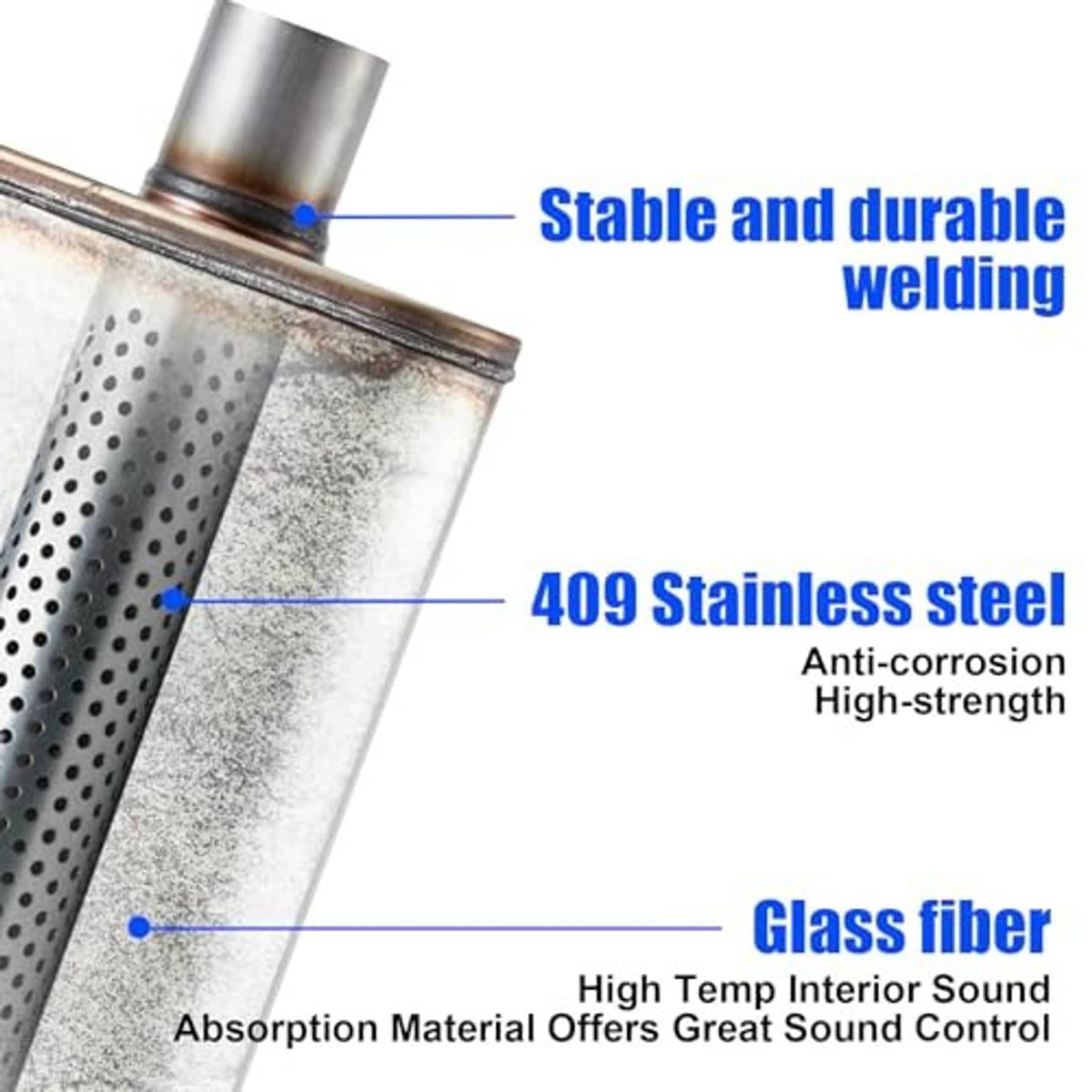 Stainless muffler cross-section with perforated inner tube and glass-fiber insulation