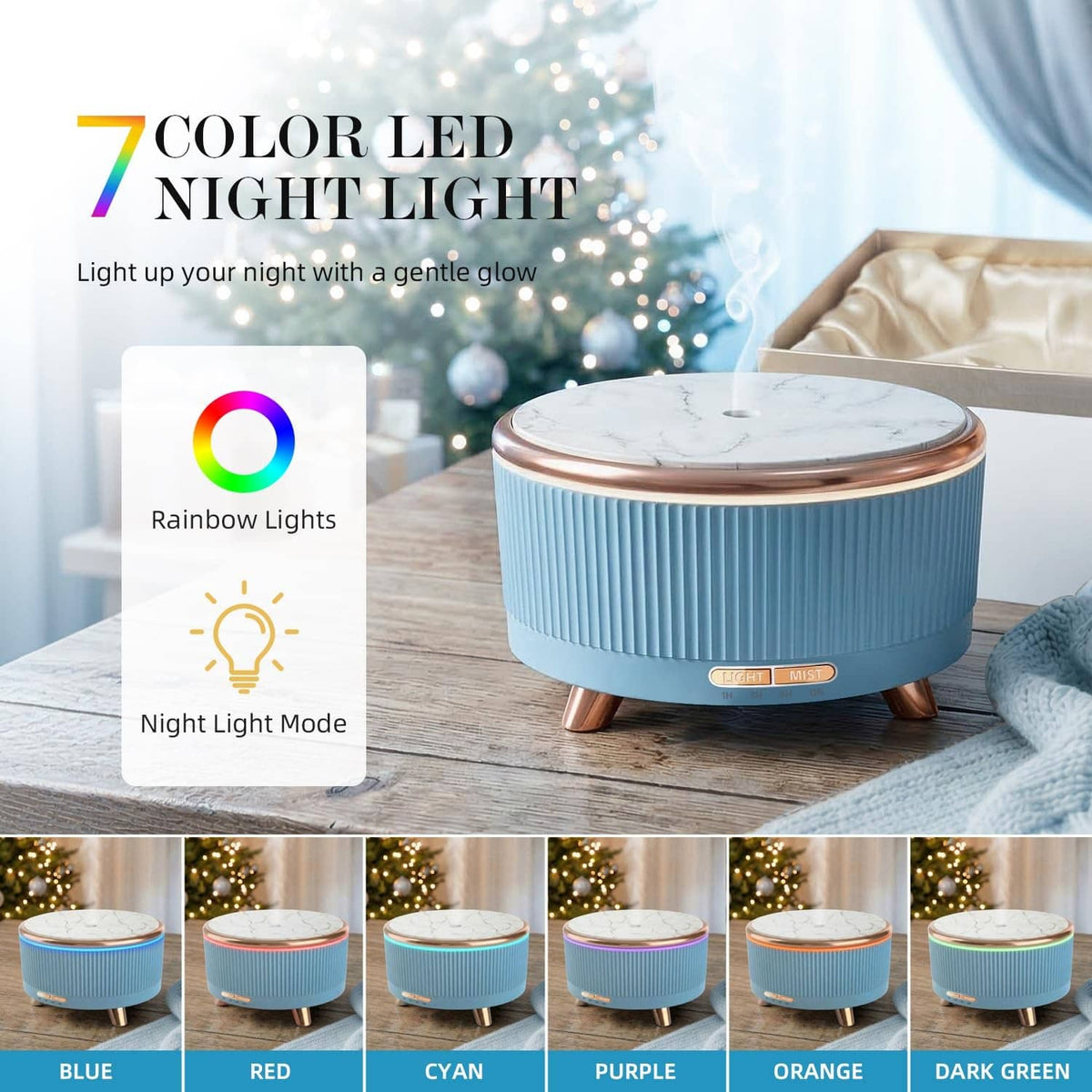 Blue ultrasonic essential oil diffuser with color LED night light glow and multiple light options.