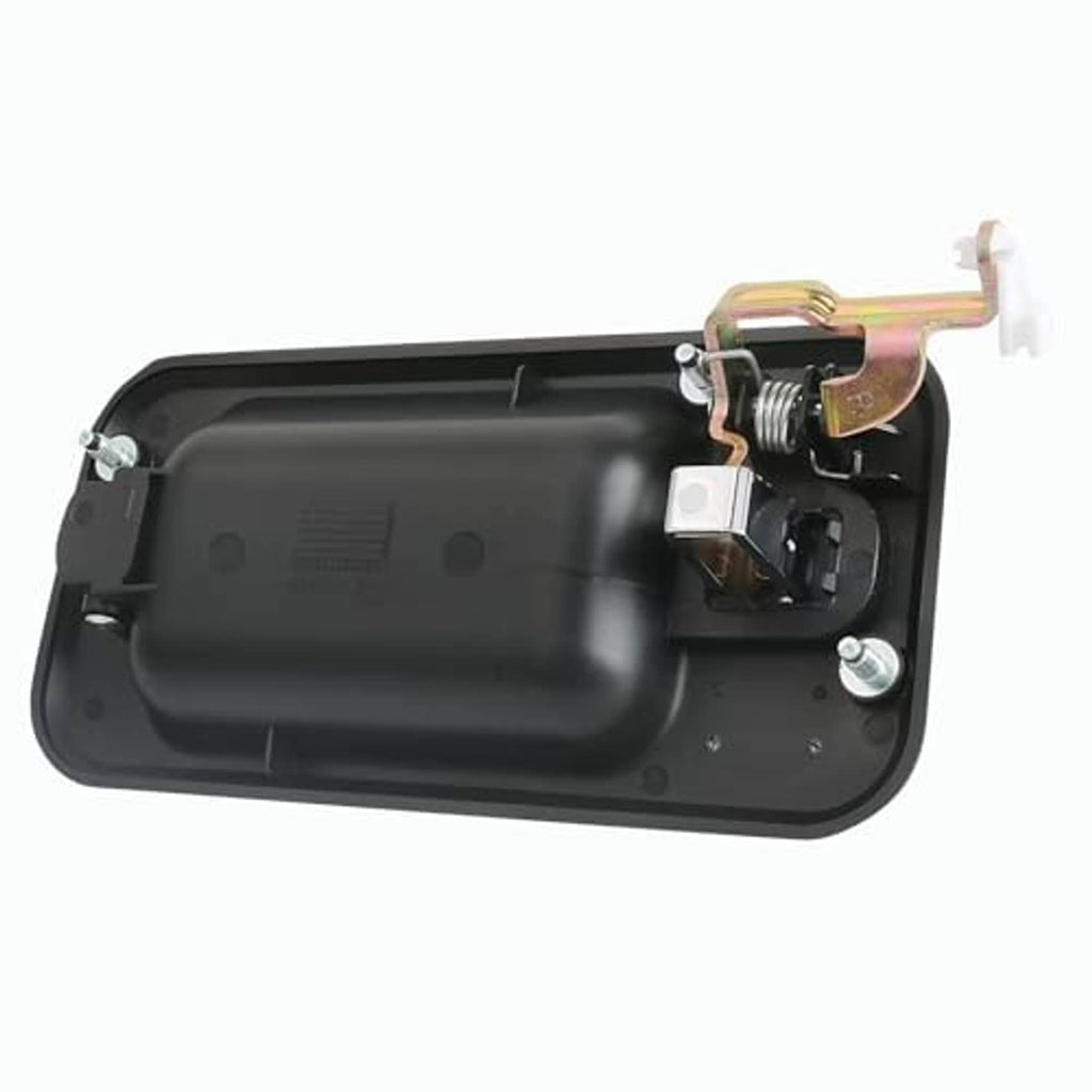 Black exterior door handle base with spring latch and metal contacts