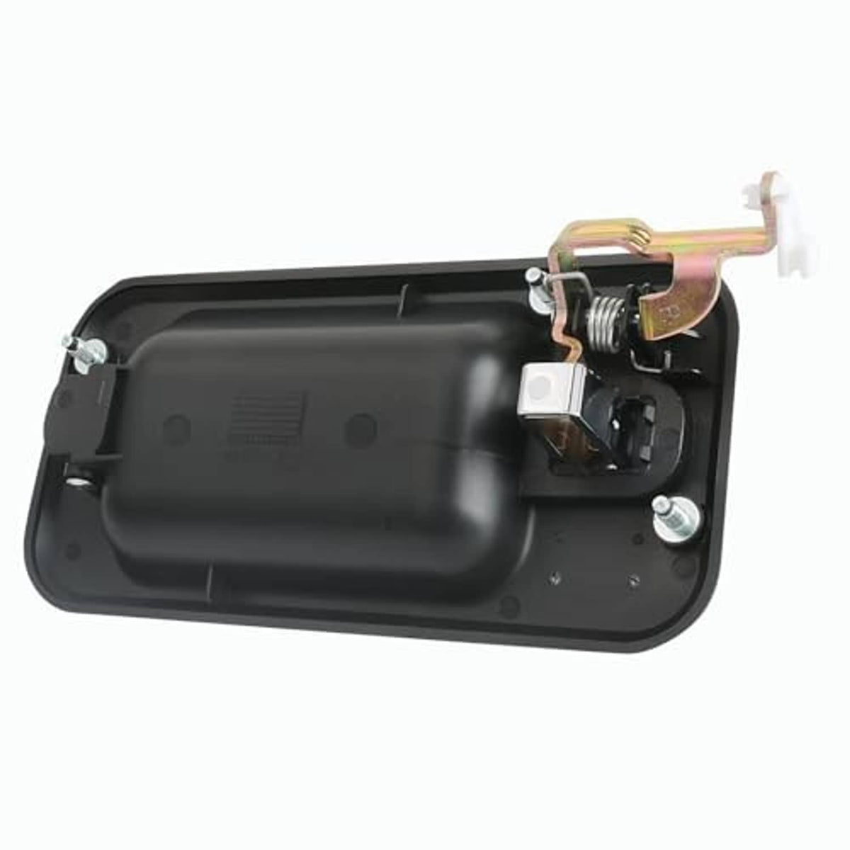 Black exterior door handle base with spring latch and metal contacts