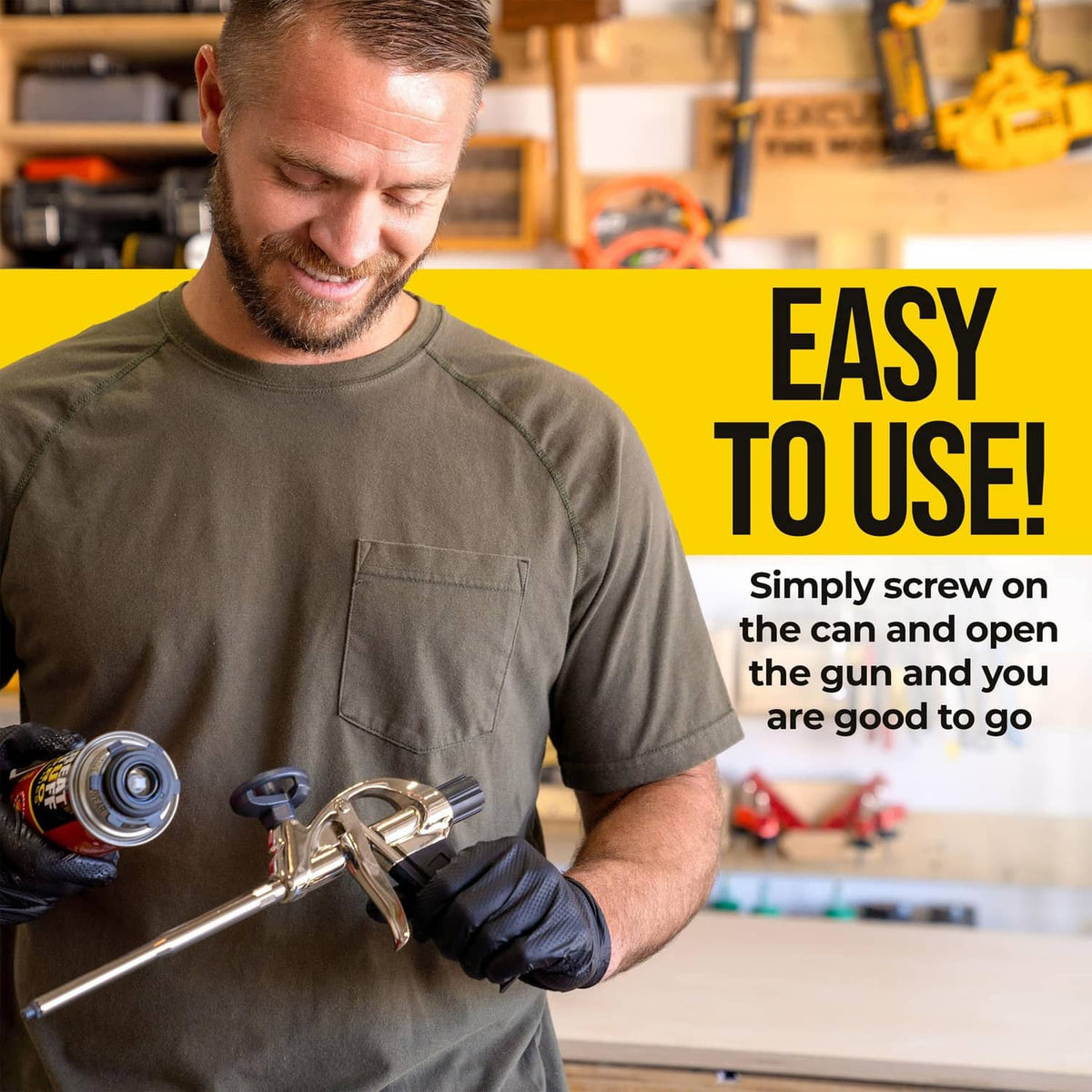 Spray foam gun with foam can attached, held by gloved hands during application
