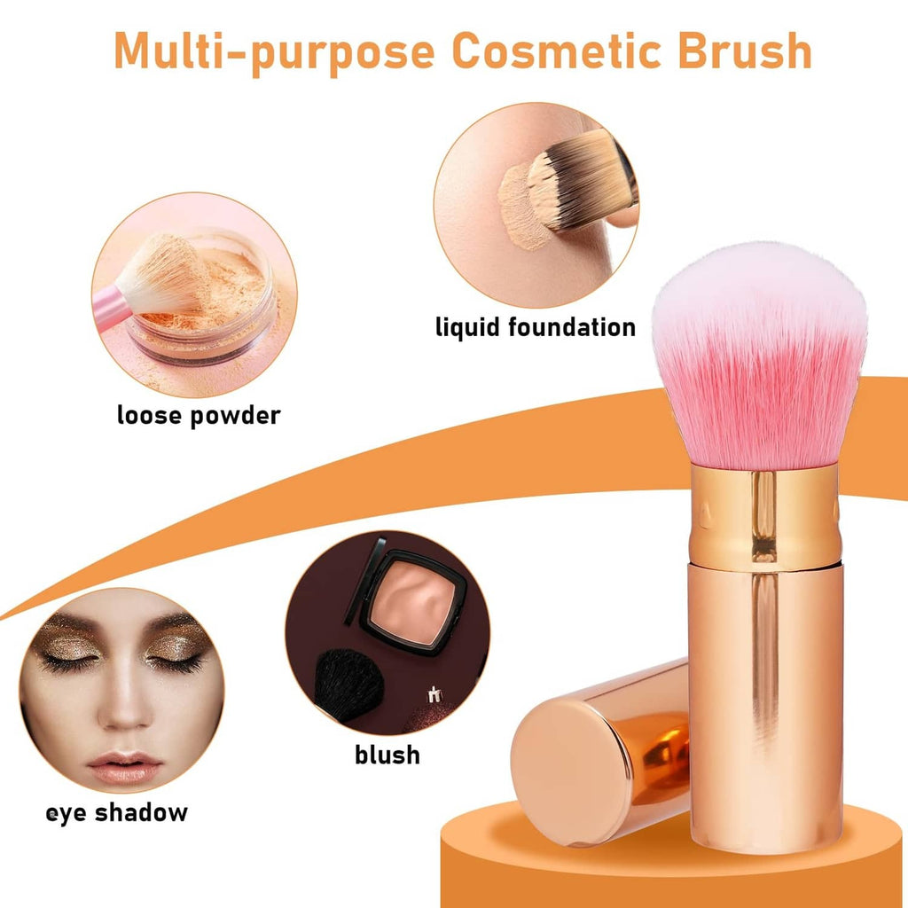 Retractable cosmetic brush with pink bristles and champagne-gold handle, cover ready