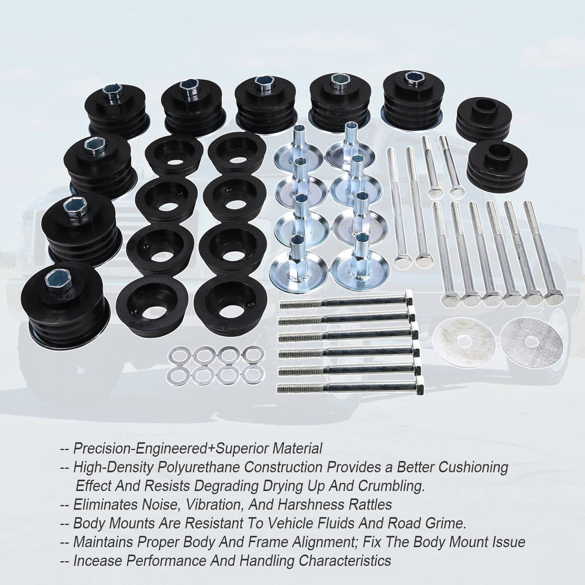 Body cab mount kit showing black polyurethane bushings, steel sleeves, and bolt hardware