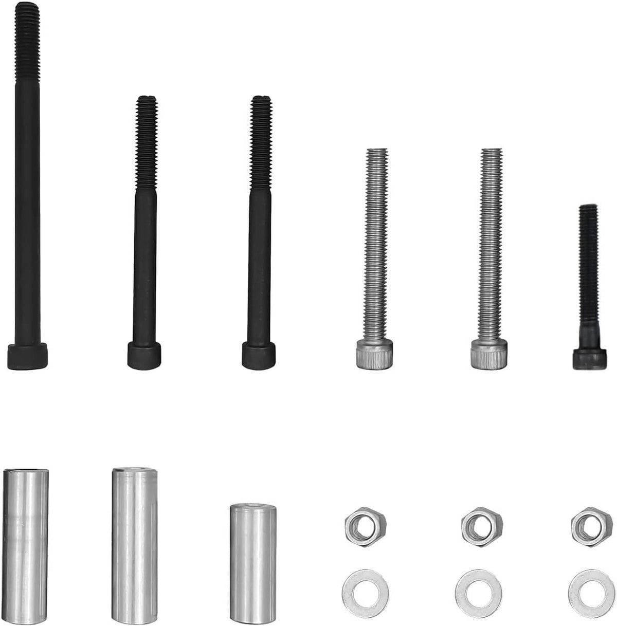 Mixed mounting bolts and metal sleeves with nuts for high mount A/C bracket kit