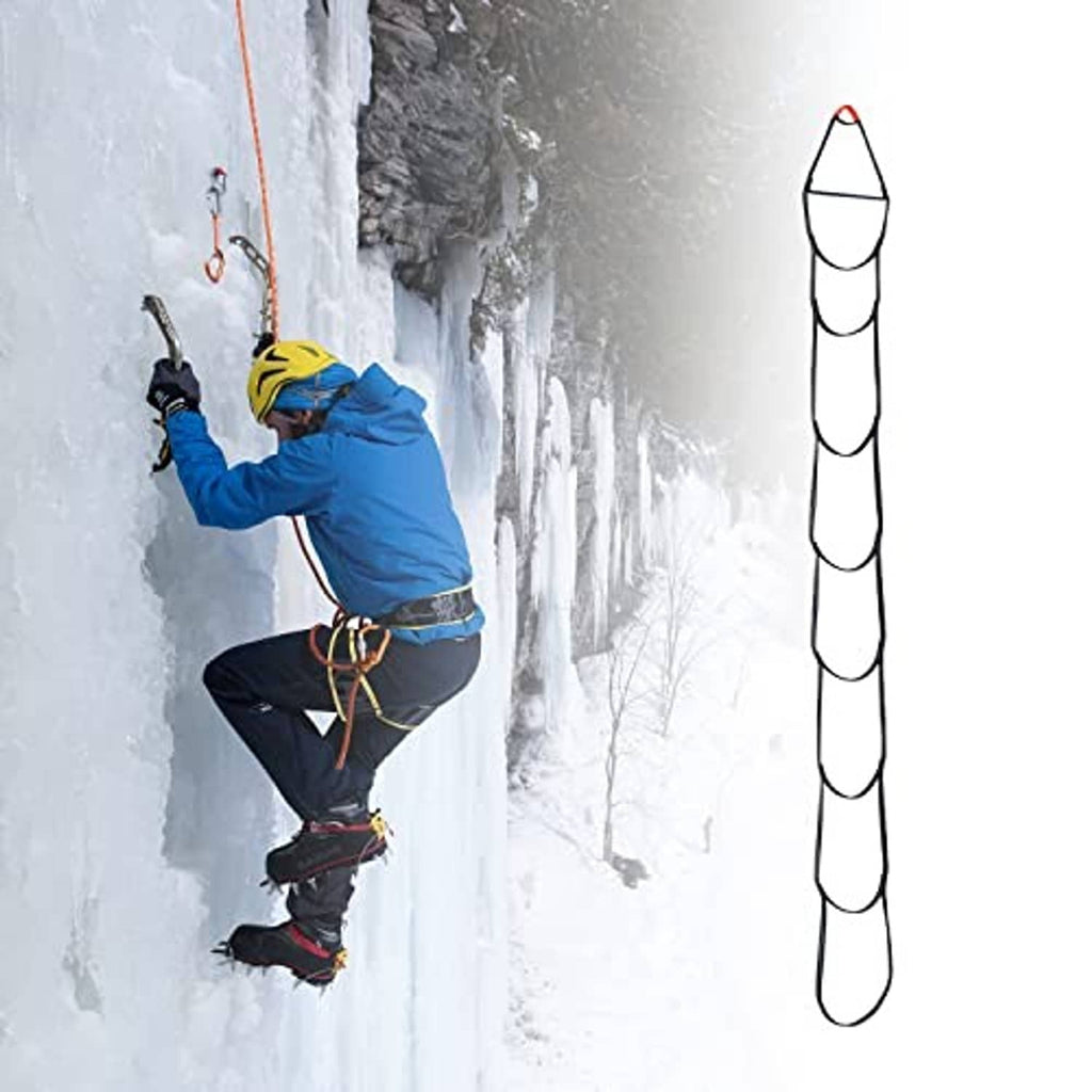 Rope ladder with black webbing loops and top ring for climbing footholds