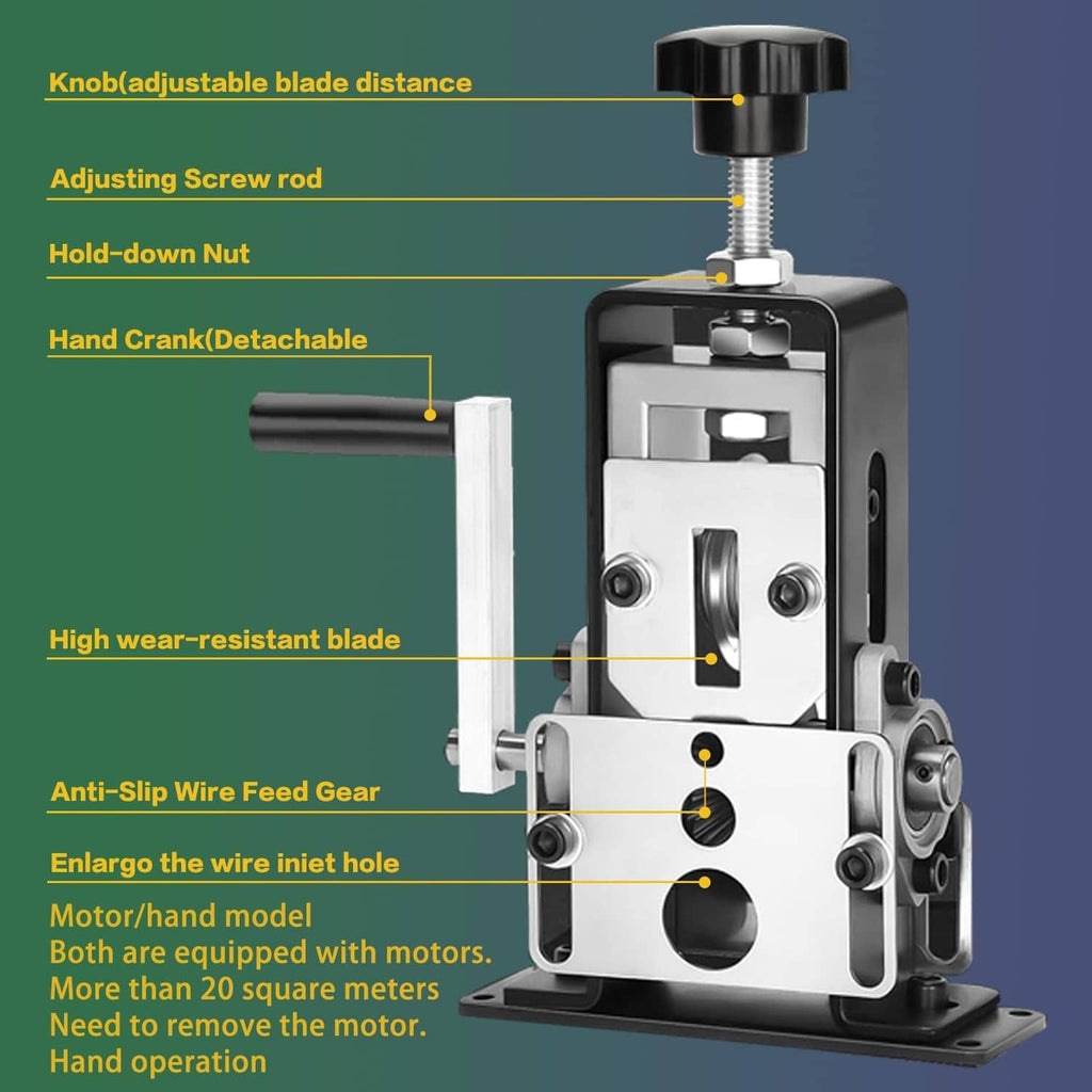 Manual wire stripping machine labeled parts: adjustable knob, feed gear, and blade holder