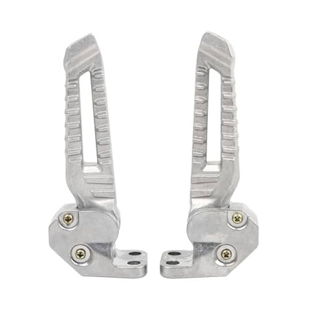 Silver folding motorcycle footpegs with ridged pedals and two-piece hinge brackets
