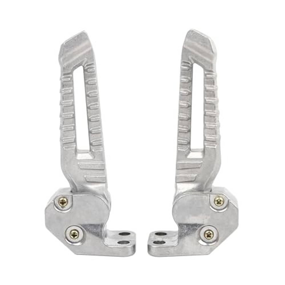 Silver folding motorcycle footpegs with ridged pedals and two-piece hinge brackets