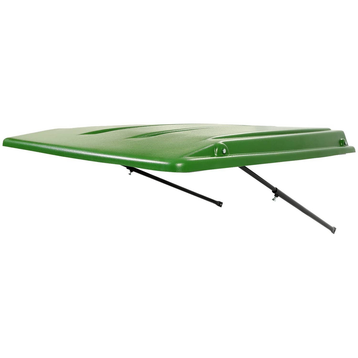 Green tractor sun canopy top with side brackets and black support rods
