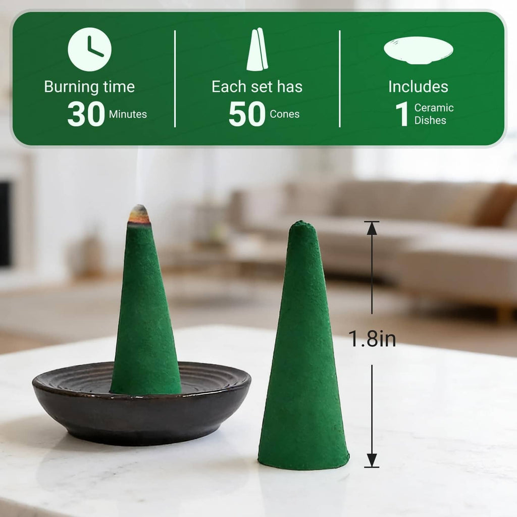 Green incense cones standing in black ceramic dish, with product box behind