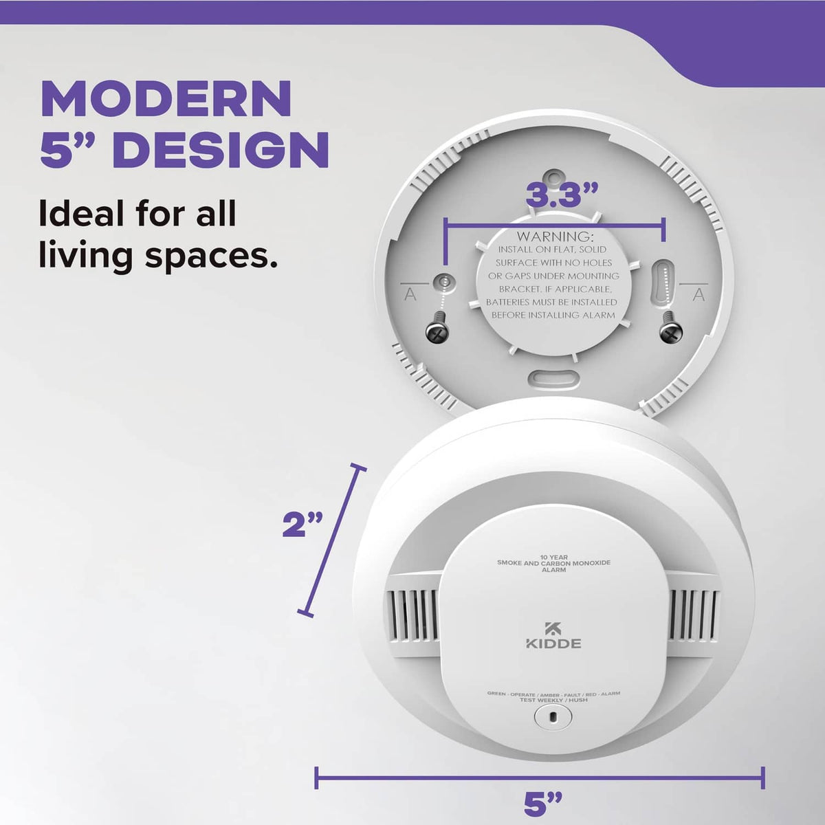 White Kidde 5-inch smoke and carbon monoxide detector with dimension diagram