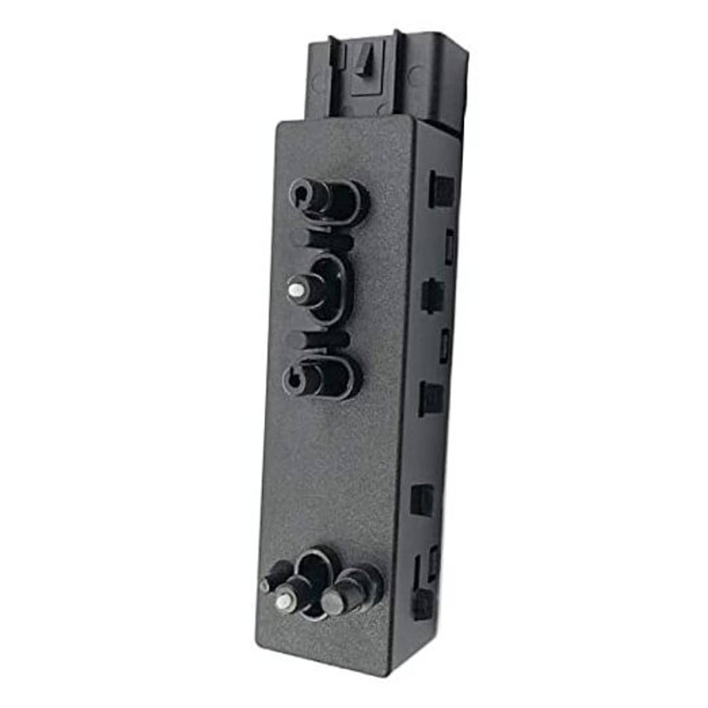 Power seat control switch panel with rotary knobs and side connector ports, dark gray