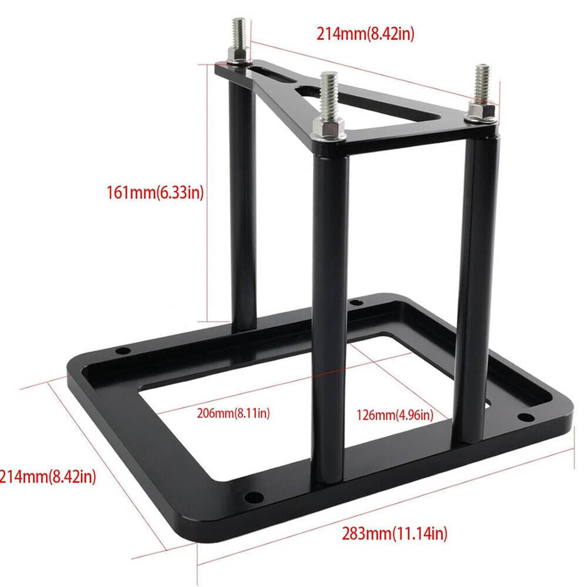 Black battery tray hold-down base and upright frame with size measurements