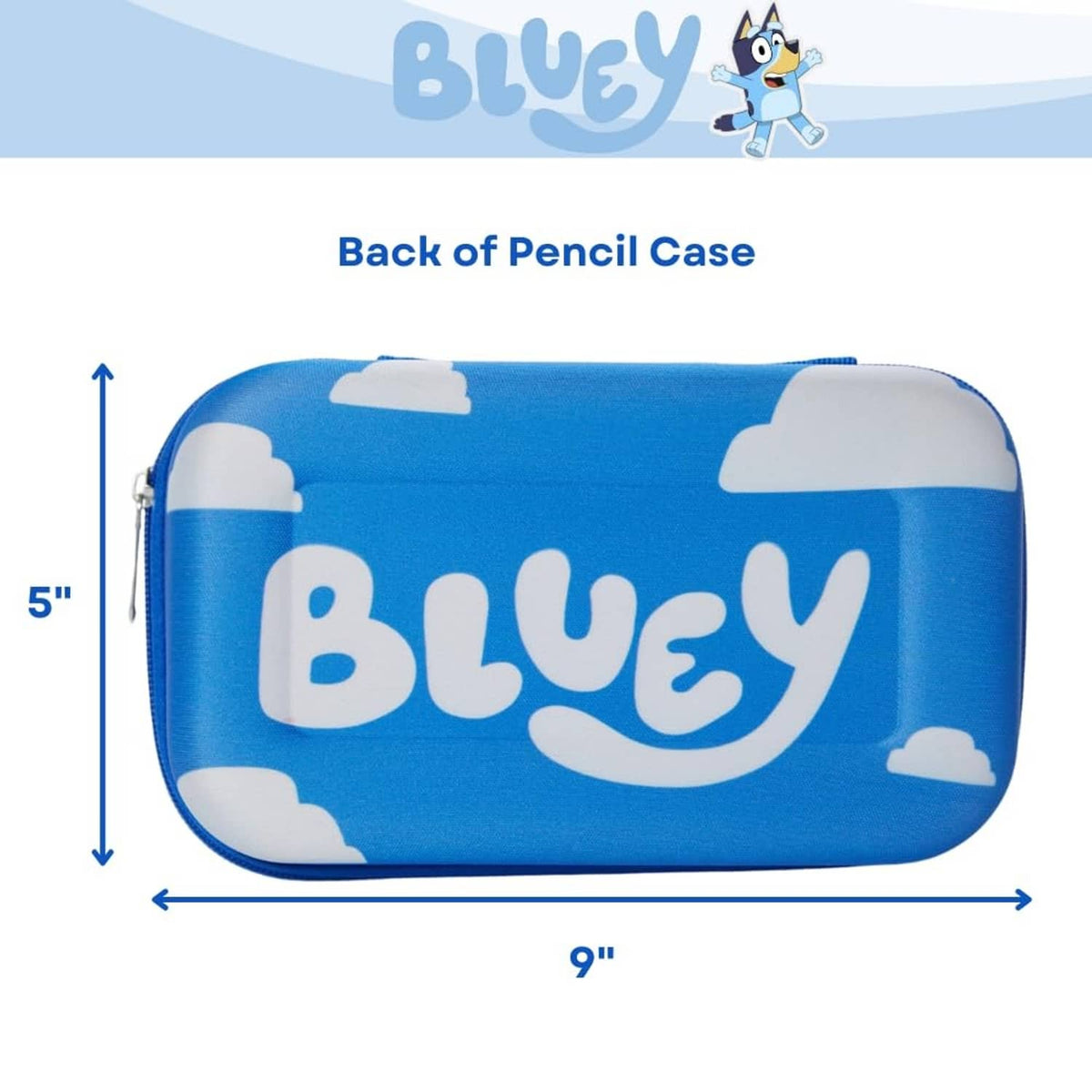 Bluey back of pencil case with large blue logo and cloud pattern on blue fabric