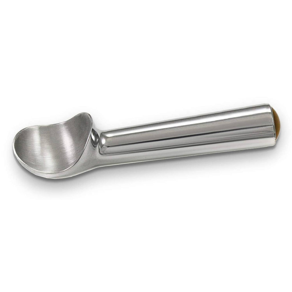 Stainless Zeroll ice cream scoop with brushed metal curved bowl and smooth barrel handle.