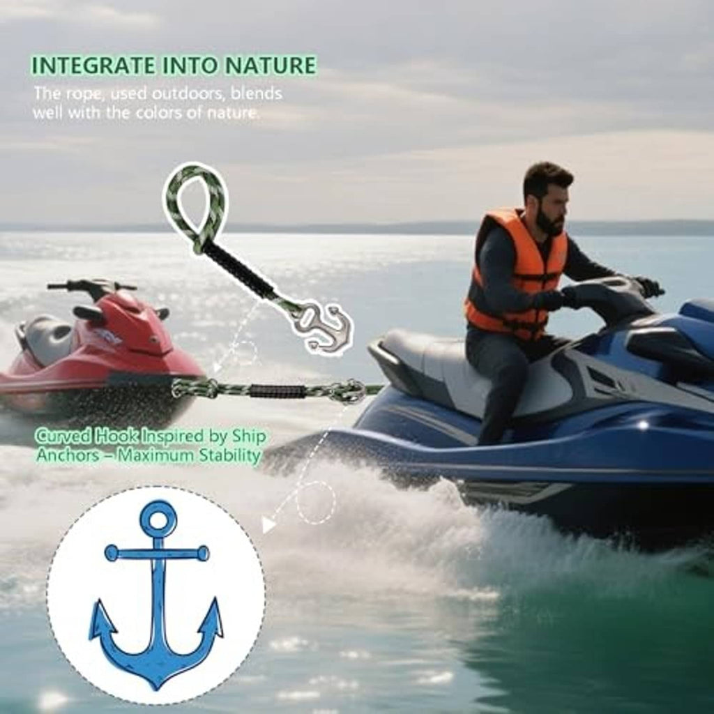 Green braided tow rope with stainless steel anchor-shaped hook connector