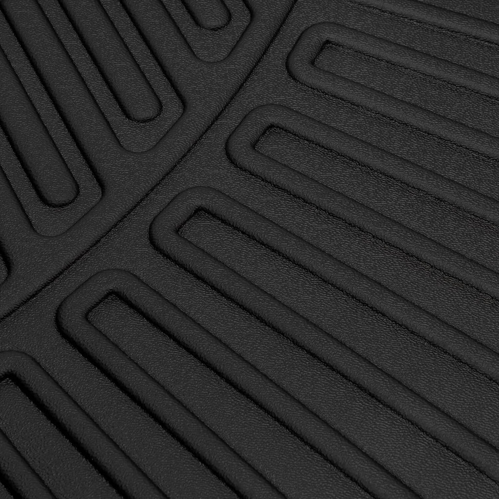 Close-up of black TPE floor mat with parallel molded grip channels and traction bumps