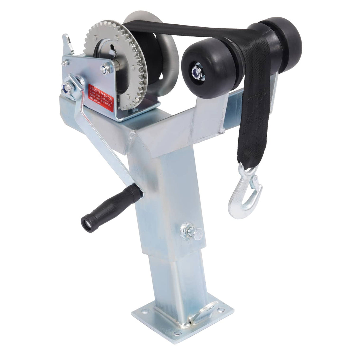 Boat trailer winch stand with black roller bar, gear wheel, and galvanized steel frame.