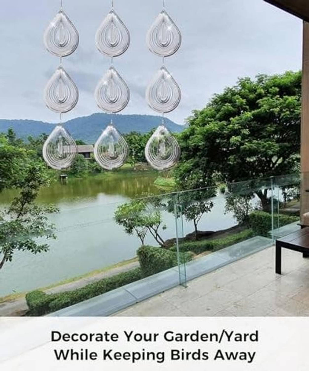 Set of silver reflective teardrop bird scare discs with loop hangers, water-droplet style