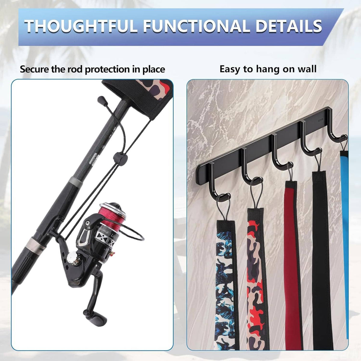 Black fishing rod sleeve with secure strap and hanging loop, protective cover
