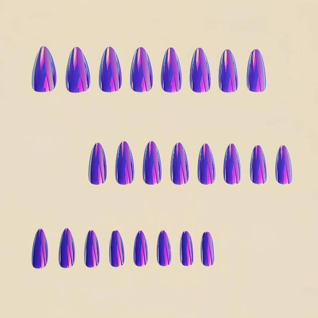 Purple chrome almond press-on nails arranged in rows, shiny metallic purple