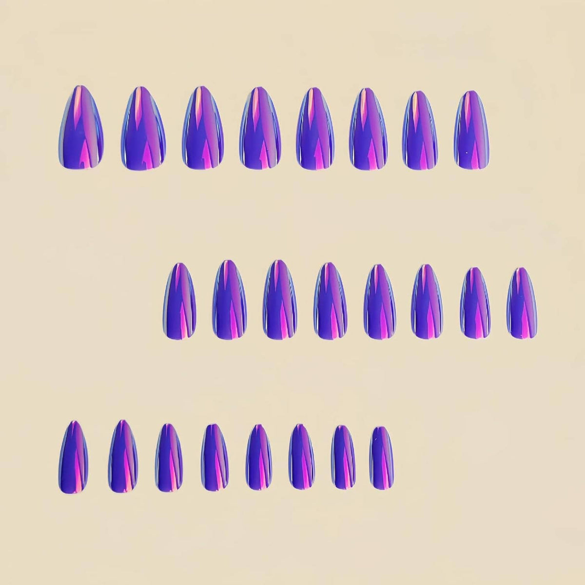 Purple chrome almond press-on nails arranged in rows, shiny metallic purple