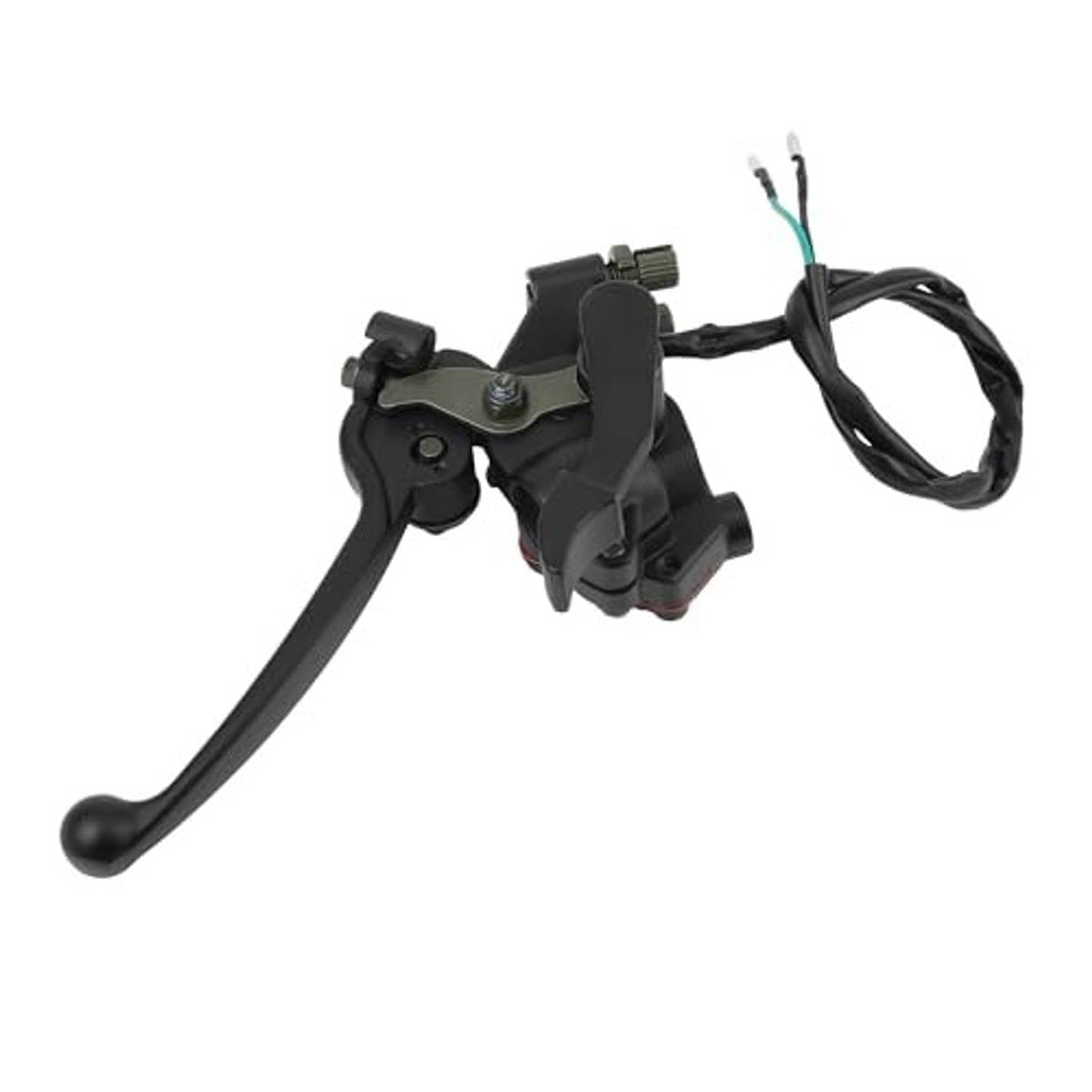 Black brake and throttle lever assembly with wiring harness and cables