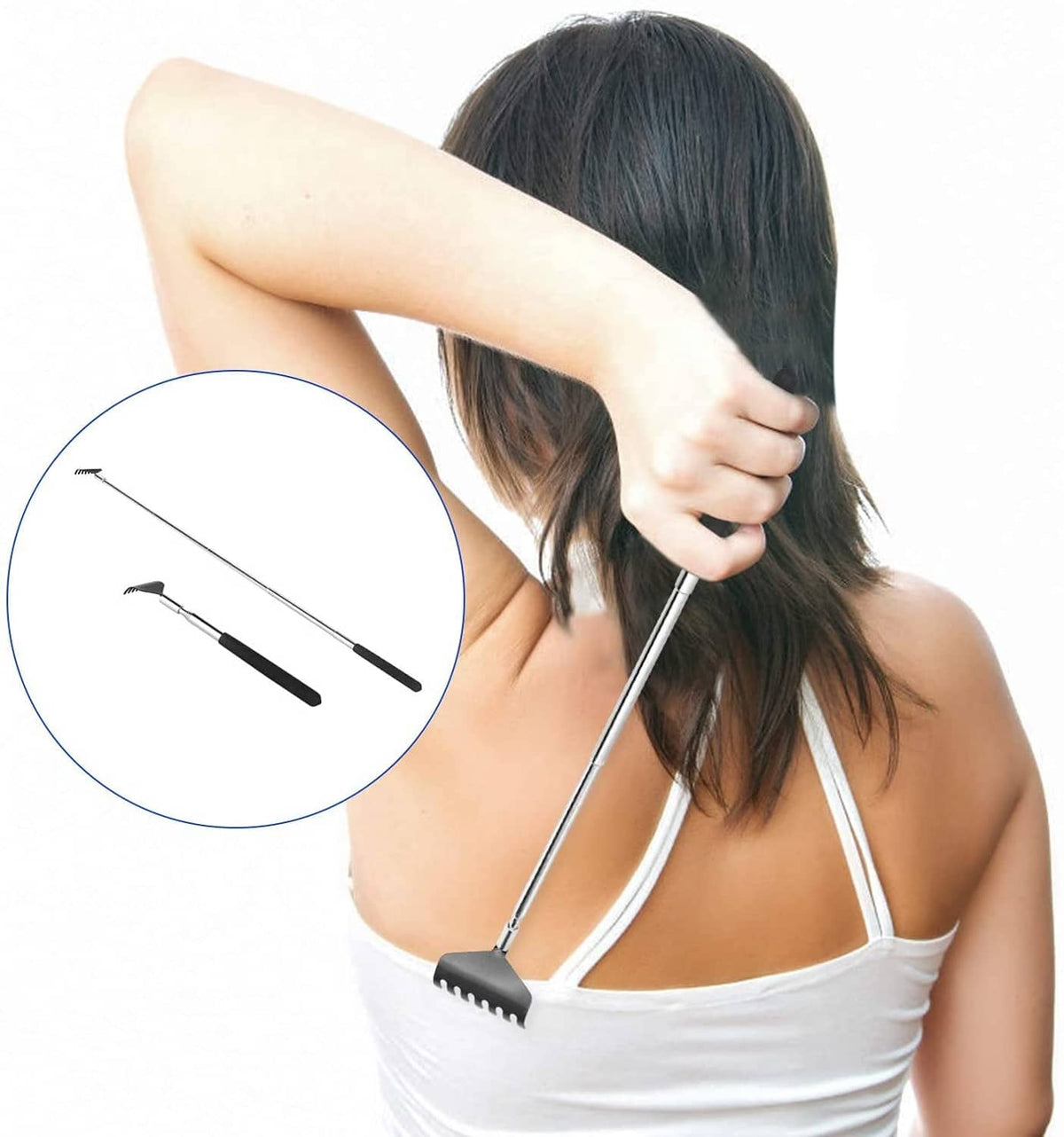 Extendable back scratcher held by the handle with stainless steel shaft and comb tip