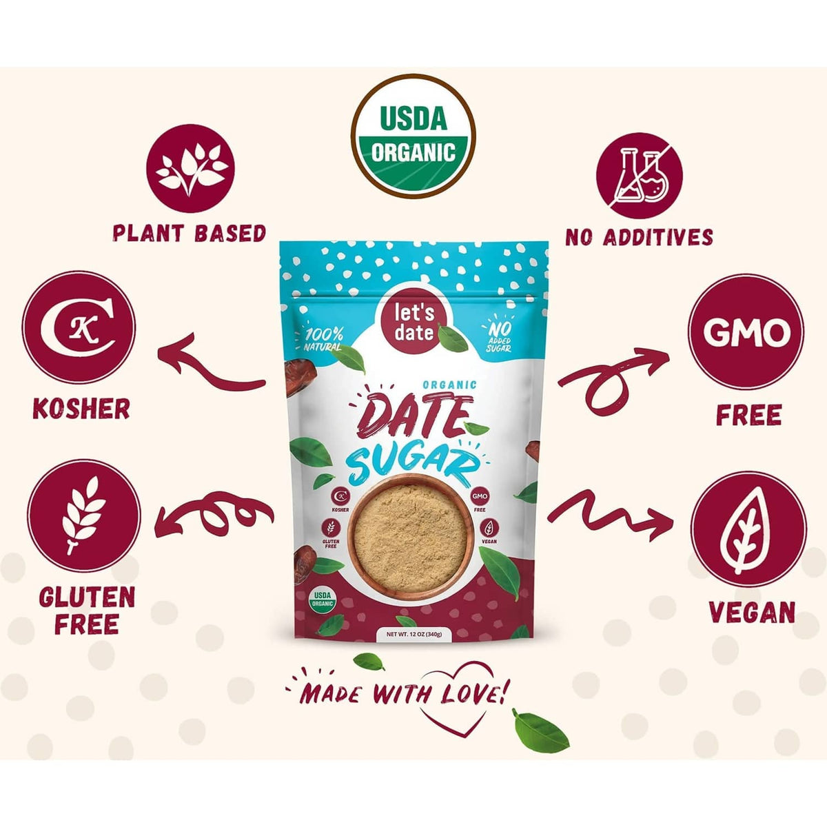 Organic date sugar pouch with vegan, gluten-free, kosher badges