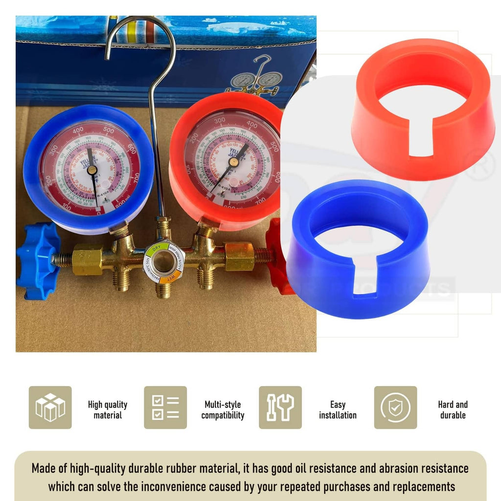 Blue and red rubber gauge boot covers beside HVAC manifold gauges