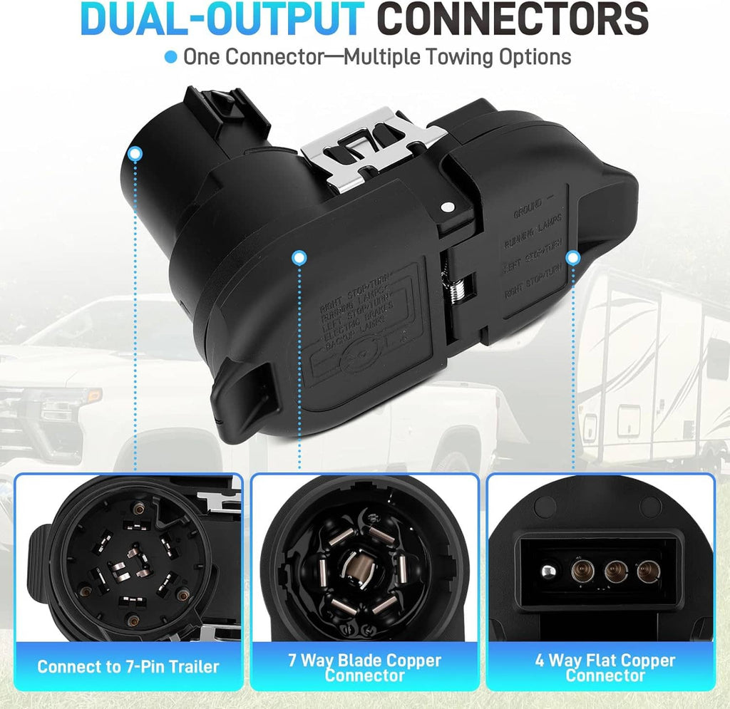 Dual-output towing connector with 7-way blade and 4-way flat connector interfaces
