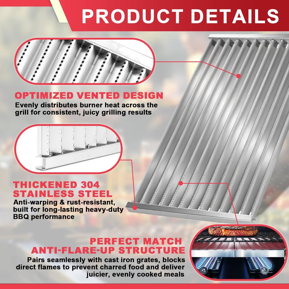 Close-up of vented stainless steel grill emitter plate grooves and perforations