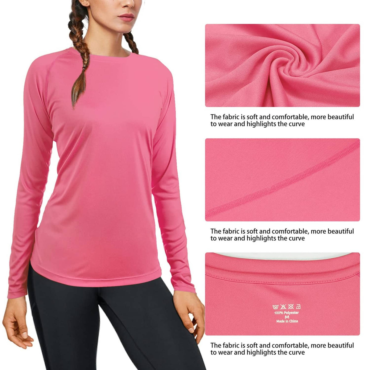 Bright pink women's swim shirt close-up, long sleeves and round crew neck