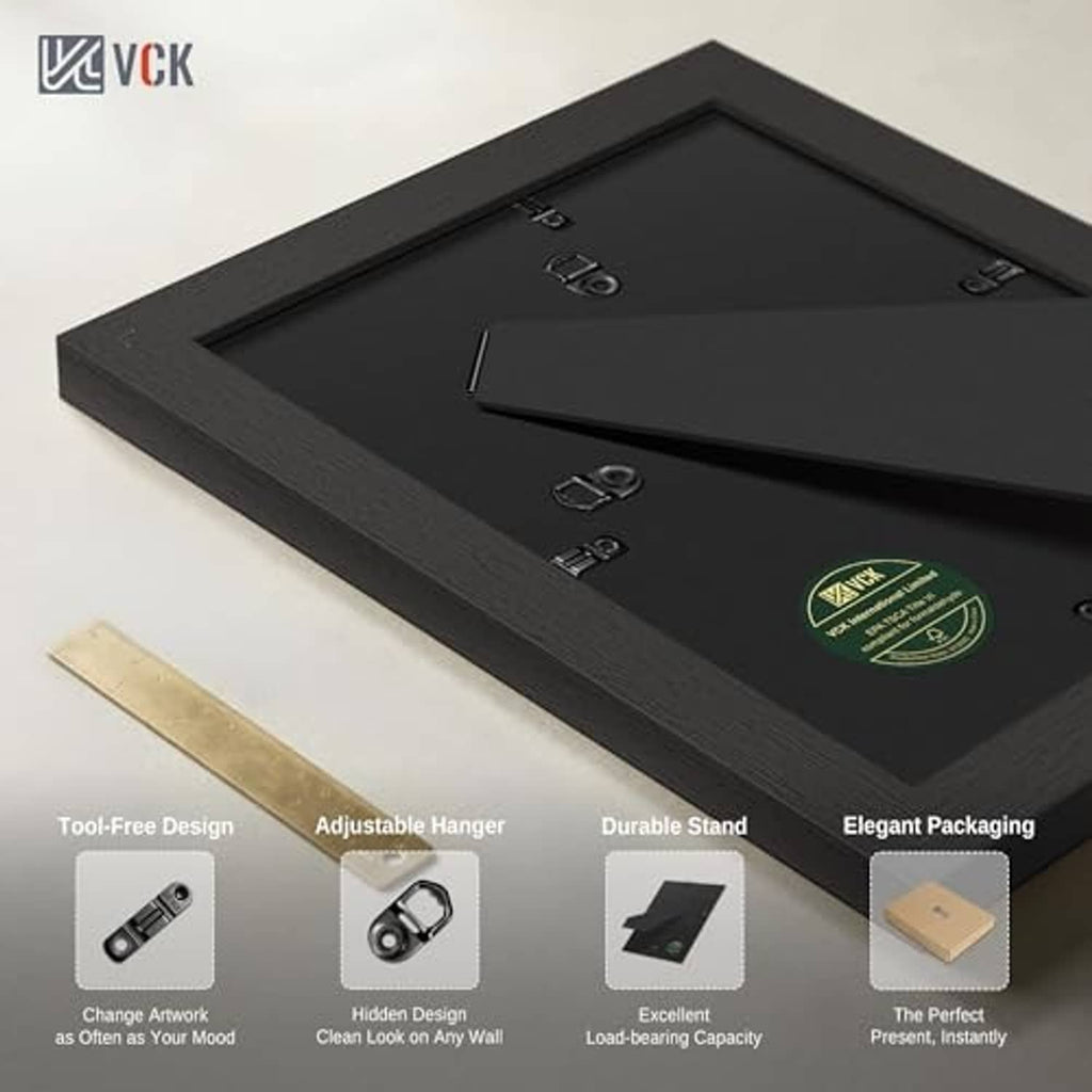 Black photo frame back with hanging hardware and protective packaging