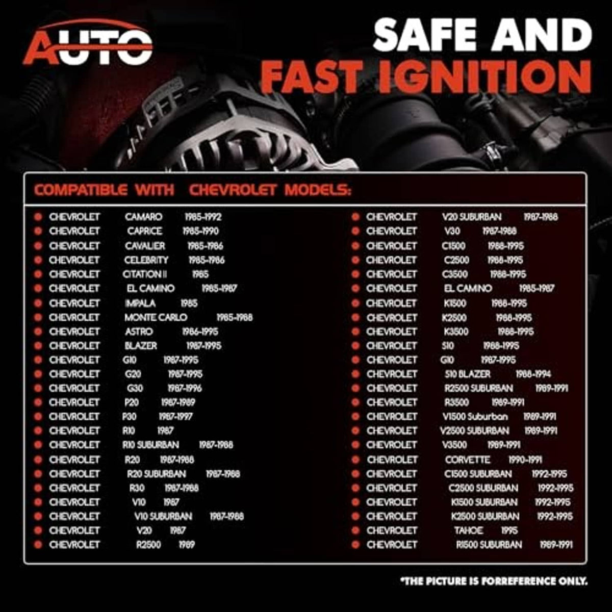 Ignition control module shown with compatibility list graphic for Chevrolet models