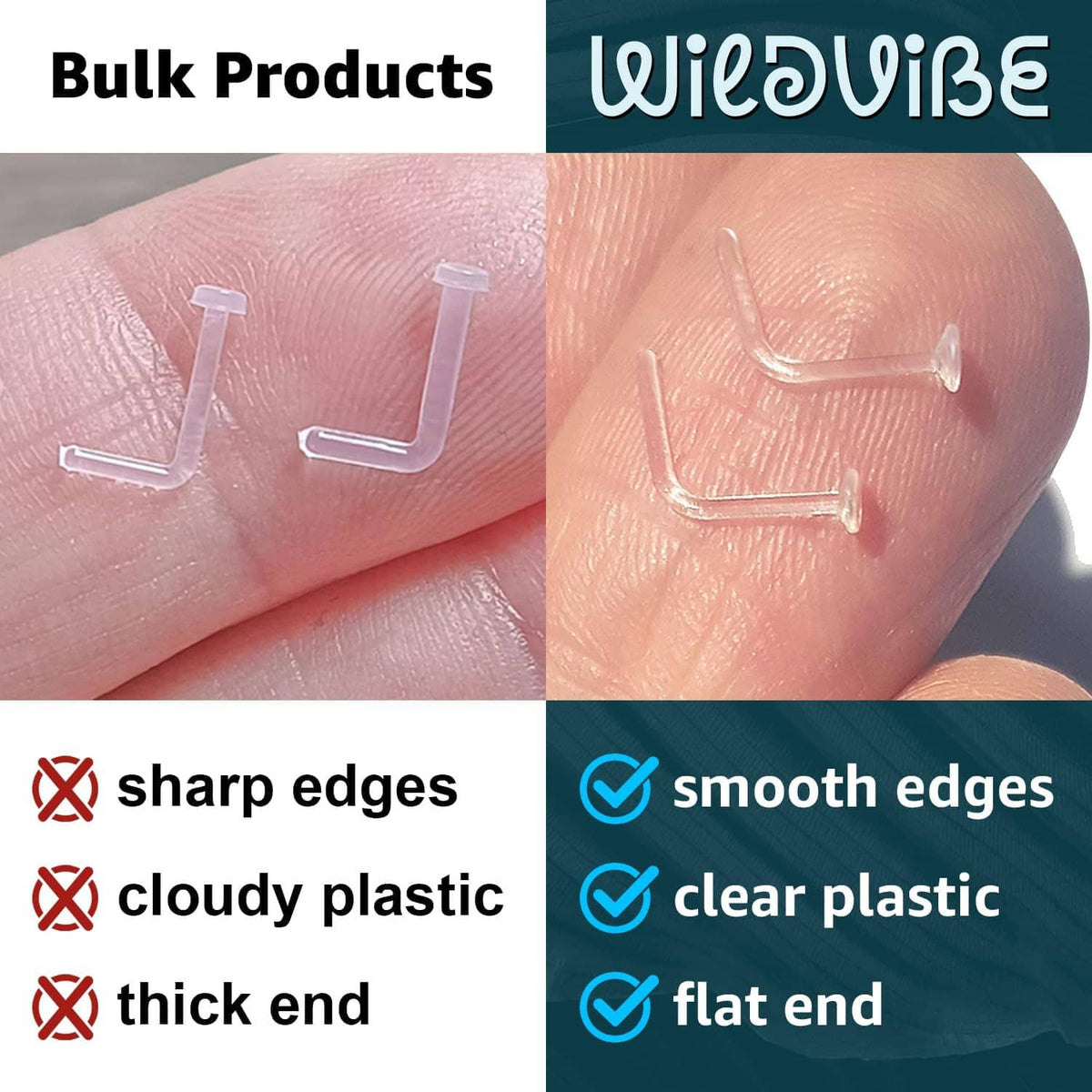 Hand holds clear L-shaped nose piercing retainers with small flat disc ends