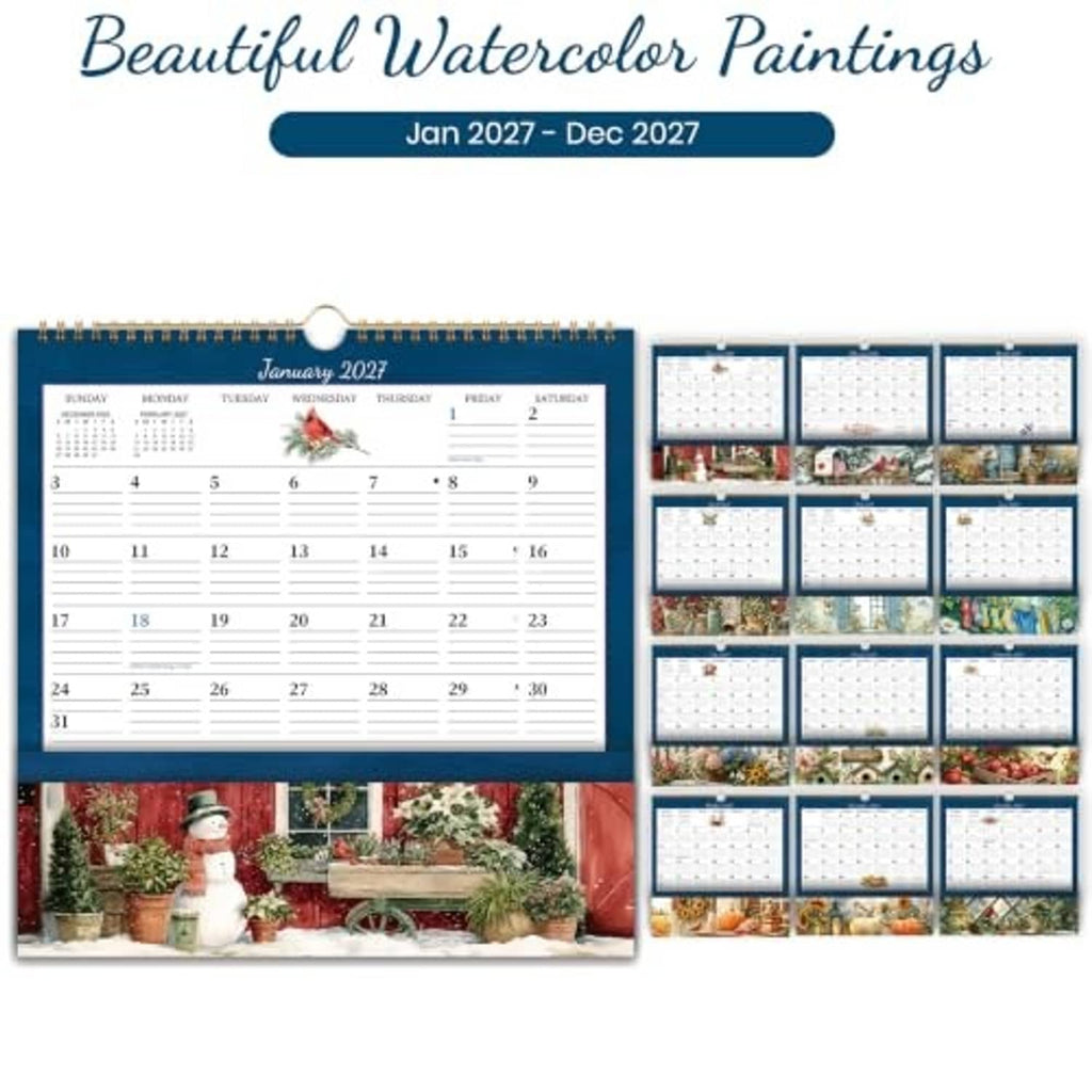 Blue 2027 wall calendar showing multiple month thumbnails with hanging loop