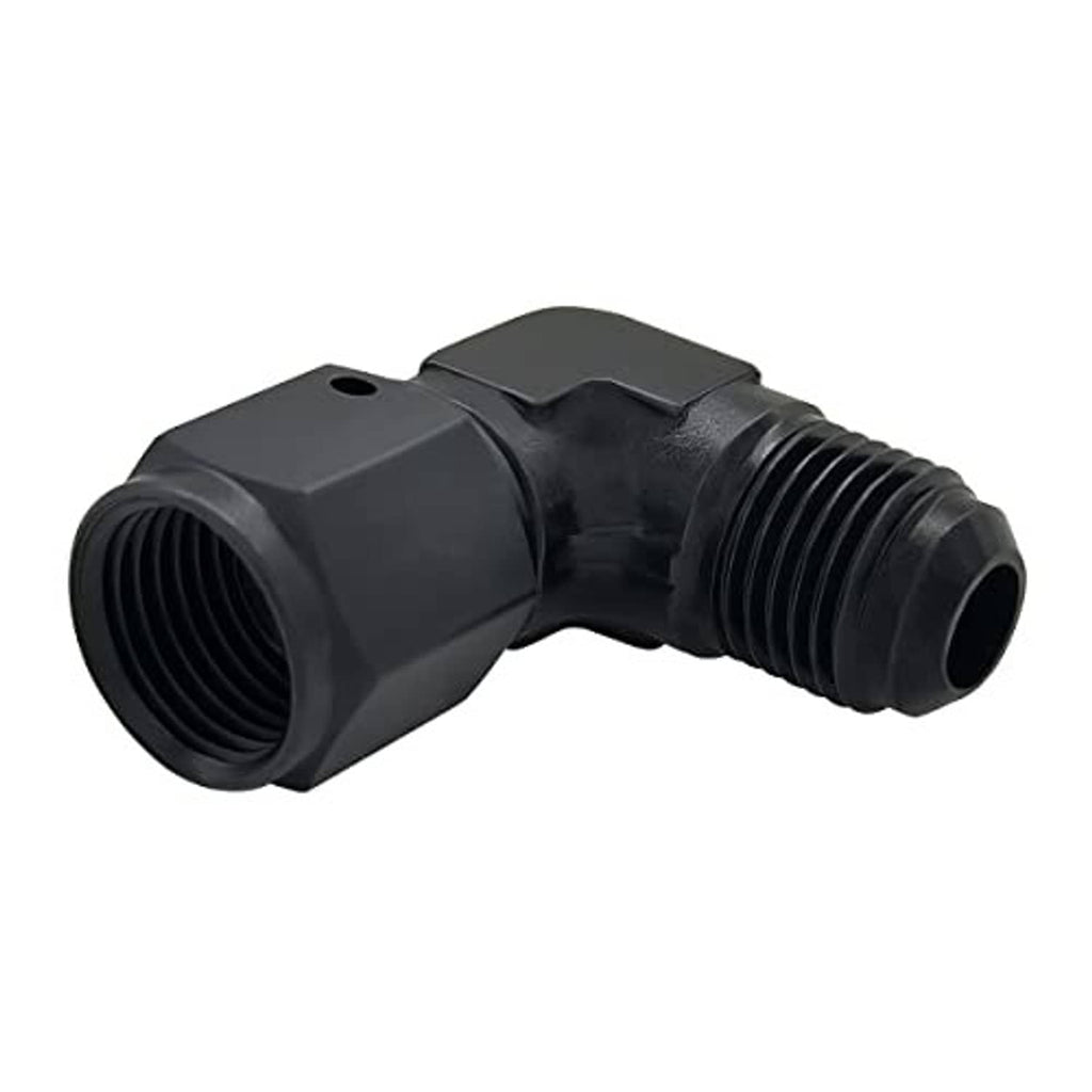 Black 90-degree AN flare fitting adapter, curved elbow shape with dual threads