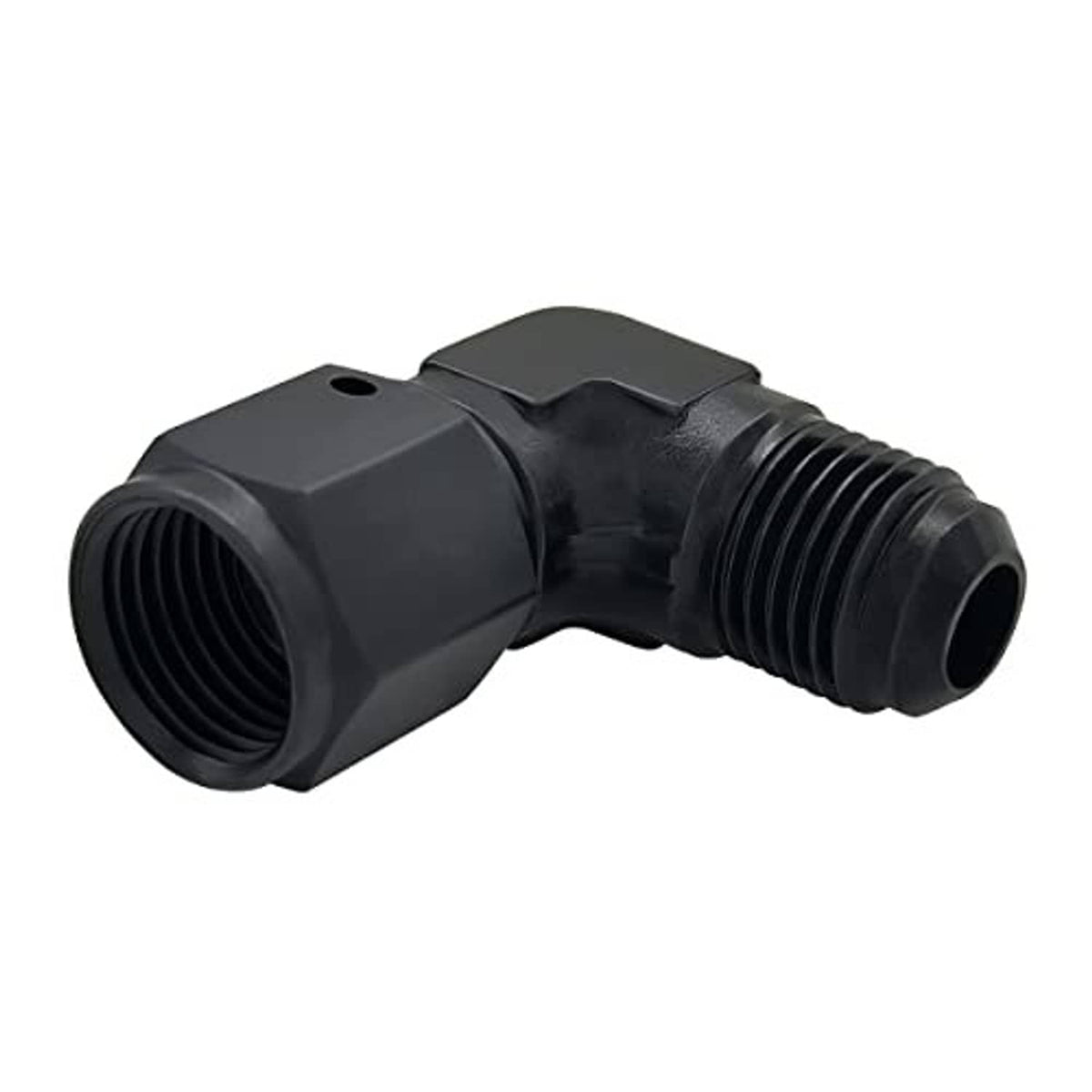 Black 90-degree AN flare fitting adapter, curved elbow shape with dual threads