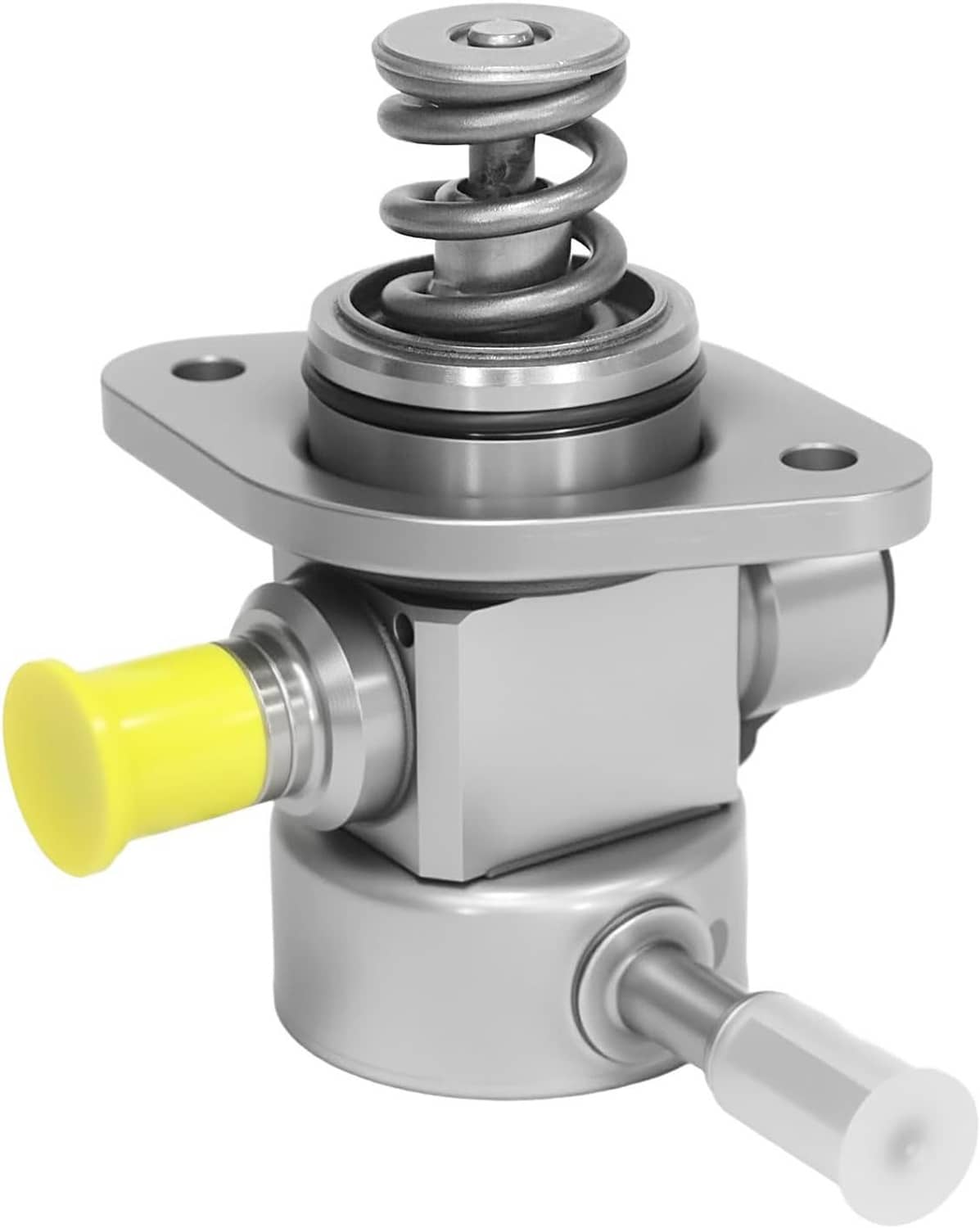 High pressure fuel pump with spring-loaded metal body and outlet fitting