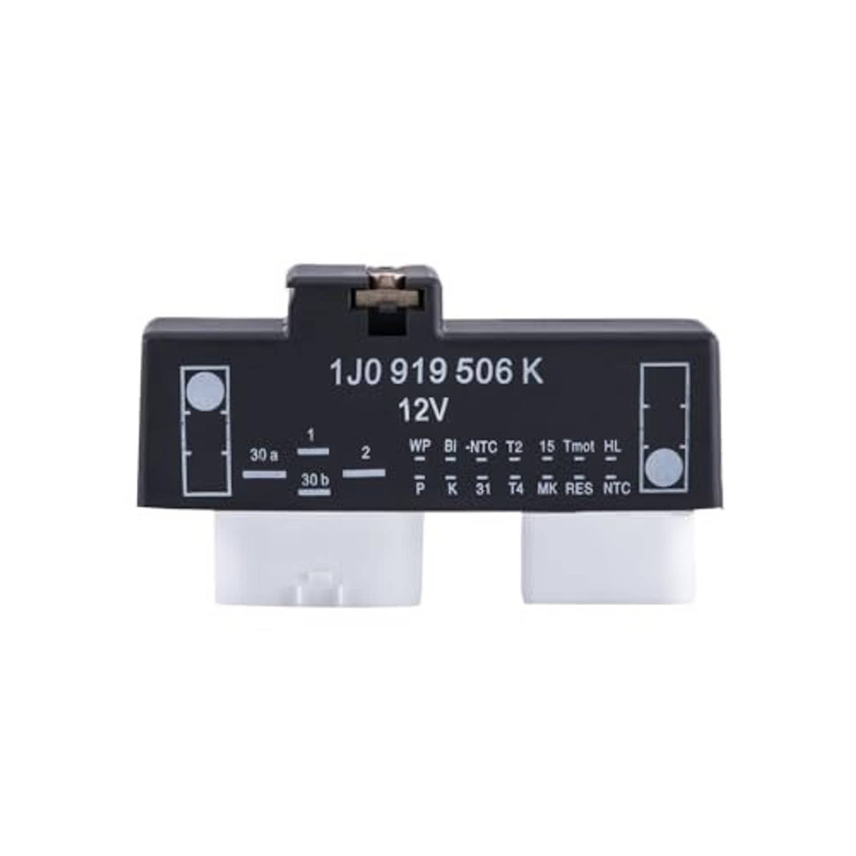 Radiator cooling fan control module relay unit with label plate and dual white plugs