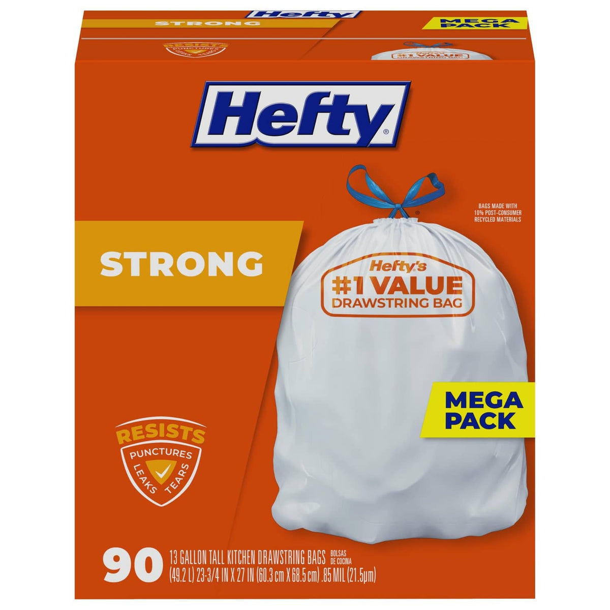 Hefty Strong 13-gallon tall kitchen drawstring trash bags, unscented mega pack, box view