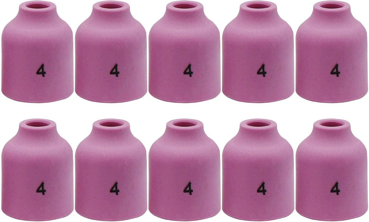 10 purple ceramic gas lens nozzle cups lined up, each marked 4