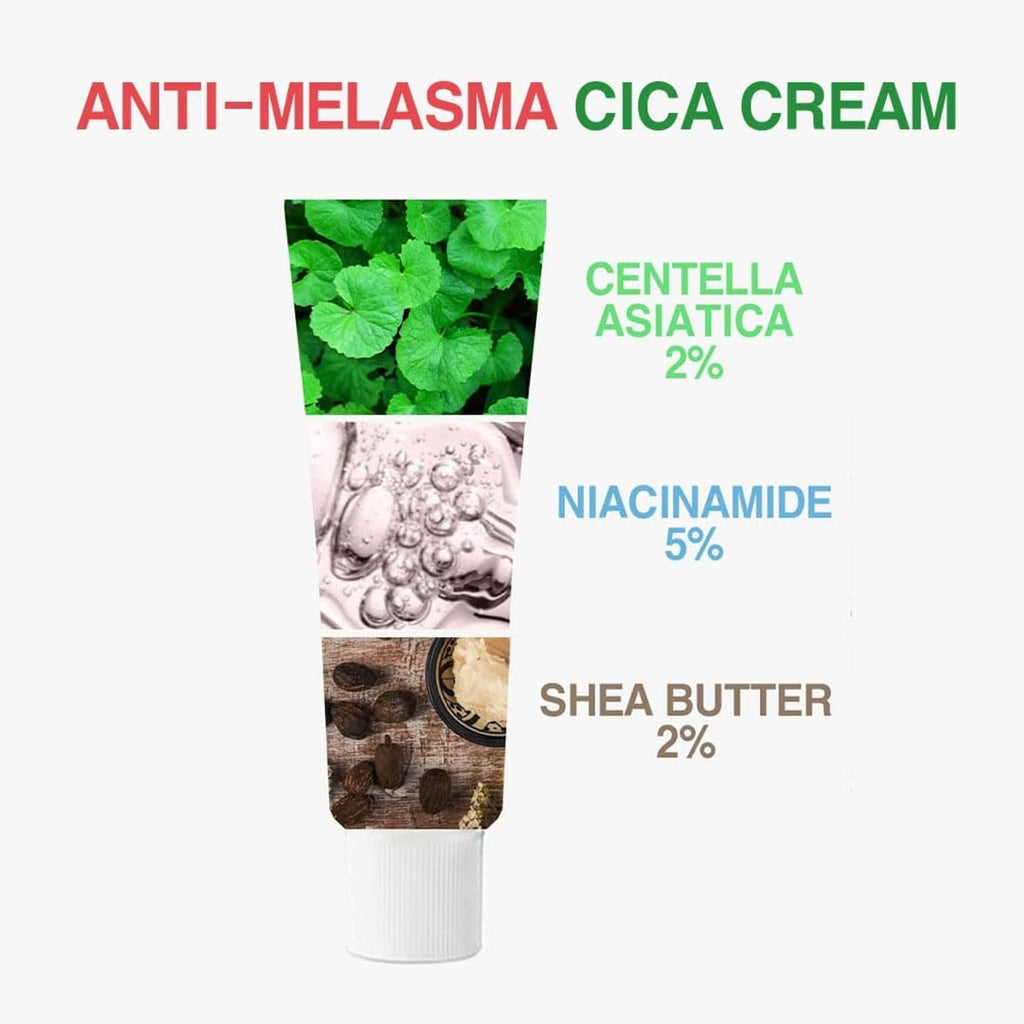 Anti-melasma cica cream tube with Centella asiatica 2%, Niacinamide 5%, Shea butter 2%